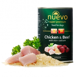 NUEVO Junior super-premium консерва за кучета, пиле с говеждо и ориз 400 гр NUEVO Junior super-premium консерва за кучета, пиле с говеждо и ориз 400 гр