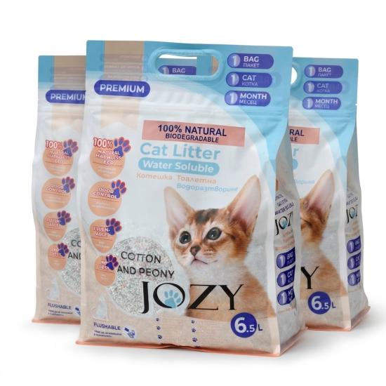 ВОДОРАЗТВОРИМА ПОЛИМЕРНА БИОРАЗГРАДИМА КОТЕШКА ТОАЛЕТНА JOZY 6.5 L, 4 kg , COTTON AND PEONY - 3 броя в опаковка