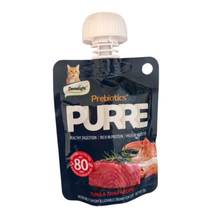 Лакомство за КТ Dentalight Prebiotics + PURRE creamy TUNA&CRAB Recipe, РИБА ТОН И РАК 55 g