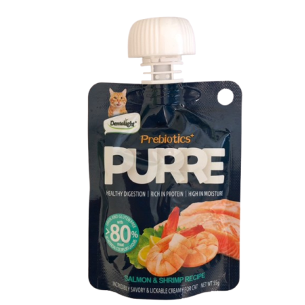 Лакомство за КТ Dentalight Prebiotics + PURRE creamy SALMON/SHRIMP Recipe, СЬОМГА И СКАРИДИ 55 g