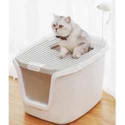 Съд за котешка тоалетна закрит, с отвор отгоре, отварящ се капак, с лопатка, мишка на пружина и картонено драскало Съд за котешка тоалетна закрит, с отвор отгоре, отварящ се капак, с лопатка, мишка на пружина и картонено драскало