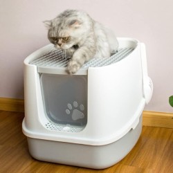 Съд за котешка тоалетна закрит с отвор отгоре, с повдигащ се капак, с лопатка Съд за котешка тоалетна закрит с отвор отгоре, с повдигащ се капак, с лопатка