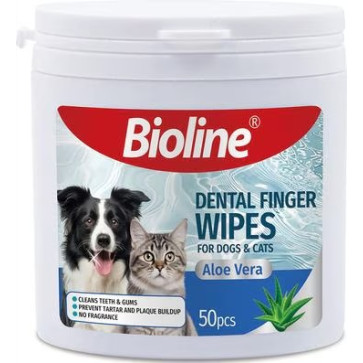 Мокри кърпи - напръстник BIOLINE, за устна хигиена, за куче и коте, 8х3.9 см, 50 бр./oп