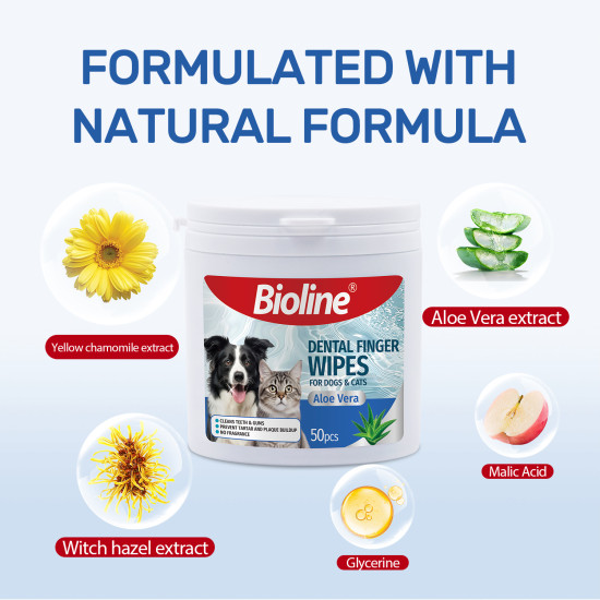 Мокри кърпи - напръстник BIOLINE, за устна хигиена, за куче и коте, 8х3.9 см, 50 бр./oп