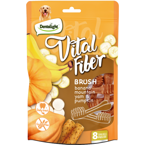 Дентална четка VITAL FIBER brush БАНАН, ТИКВА И ПЛАНИНСКИ ЯМС, small, 80 гр., 8 бр./пакет 